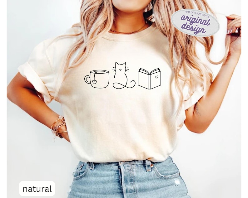 Cat Tea Books T-shirt, Cozy Reading Graphic Tee, Book Lover Gift, Minimalist Unisex Apparel image 2