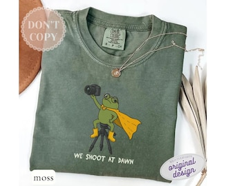 We Shoot At Dawn T-Shirt - Comfort Colors Photographer Frog Graphic Tee, Funny Camera Shirt