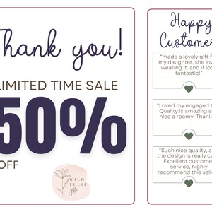May include: A promotional graphic with the text "Thank you!" and "LIMITED TIME SALE 50% OFF." The Wild Tulip Gifts logo is at the bottom. To the right are customer testimonials.