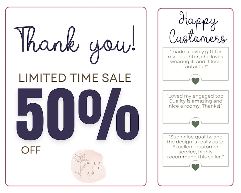 May include: A promotional graphic with the text "Thank you!" and "LIMITED TIME SALE 50% OFF." The Wild Tulip Gifts logo is at the bottom. To the right are customer testimonials.