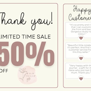 May include: A promotional graphic with the text "Thank you!" and "LIMITED TIME SALE 50% OFF." The Wild Tulip Gifts logo is at the bottom. Customer testimonials are on the right, with quotes and heart icons.