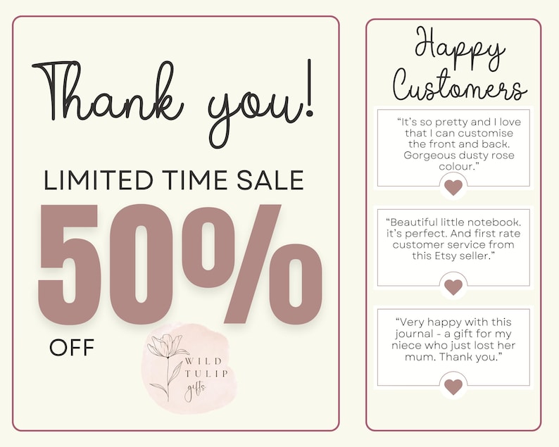 May include: A promotional graphic with the text "Thank you!" and "LIMITED TIME SALE 50% OFF." The Wild Tulip Gifts logo is at the bottom. Customer testimonials are on the right, with quotes and heart icons.