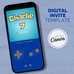 Puede incluir: Una plantilla de invitación digital azul y amarilla para una fiesta de cumpleaños. La plantilla presenta un diseño de mando de videojuego con el texto "Charlie cumple 7 años" y un espacio para agregar detalles de la fiesta. El texto "EDIT WITH Canva" está en un círculo blanco.