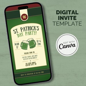Saint Patrick&#39;s Day Digital Invitation | Editable St Paddy Party Invitation | Drinking Party Mobile Invite | Party E-vite