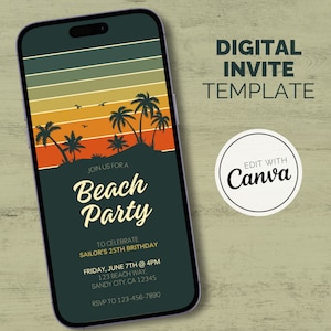 Può includere: Un modello di invito digitale per una festa in spiaggia con un tramonto e palme sullo sfondo. Il testo recita "Join us for a Beach Party" e include i dettagli per una festa di compleanno del 25° anniversario. Il modello può essere modificato utilizzando Canva.