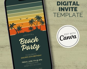Beach Sunset Digital Invitation | Editable Beach Sunset Birthday Party Invitation |  Beach Party Mobile Invite | Party E-vite