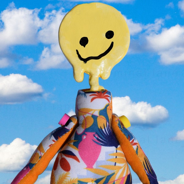 Poolside Smiley - Orange - ooak art doll, sculpture, dreamcore, vaporwave, weirdcore