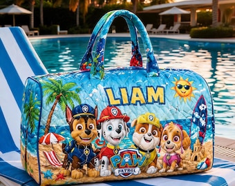 Personalized Dog Paw Patrol Quilted Duffle Bag, Beach Weekender Bag, Coastal Travel