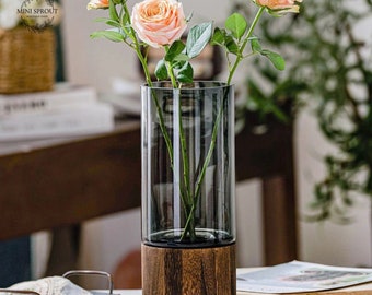 Handmade Glass Vase With Wood Base - Home Decor Tall Black Vase Mothers Day Gift For Mom Gift For Home Improvement Housewarming Gift #1