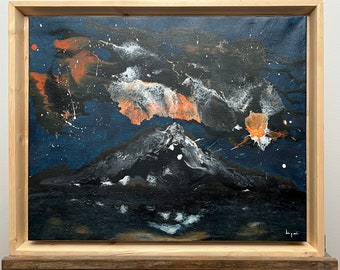 Acrylique 40x50 cm encadrée, fait main toile et cadre, montagne nocturne, thème astronomie, aurore boréale, paysage