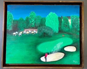 Peinture encadrée 40x50 cm, authentique, golfeur