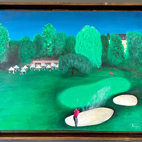 Peinture encadrée 40x50 cm, authentique, golfeur