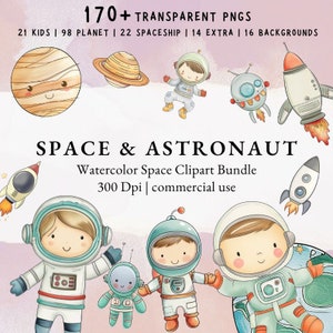 Watercolor Space Clipart Bundle, Space PNG clipart, astronauts, spaceships, rockets, stars, and planets,Instant Download