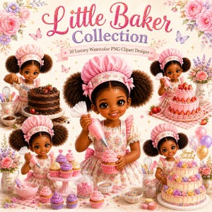 Può includere: Un'illustrazione digitale intitolata Little Baker Collection che mostra un bambino dalla pelle scura e i capelli ricci che indossa un cappello da chef rosa e un grembiule floreale. Il bambino decora torte, cupcake e pasticcini con glassa rosa.