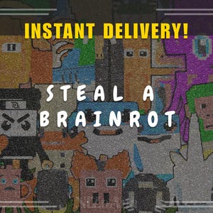 May include: A colorful digital art piece featuring various pixelated characters with the text "INSTANT DELIVERY! STEAL A BRAINROT" in yellow and white. The artwork has a textured, glittery appearance.