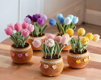 Tulipanes de ganchillo, coloridas flores de tulipán de ganchillo, flores artificiales de tulipán, flores eternas, tulipanes de punto, flores de ganchillo, regalos de ganchillo
