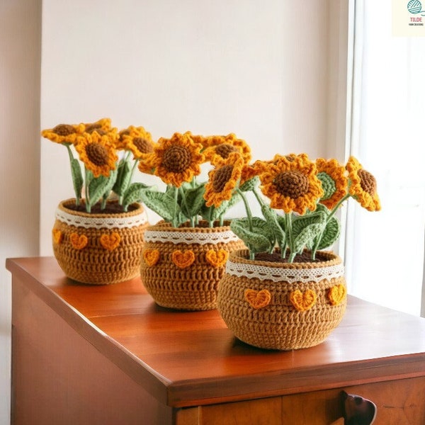 Crochet sunflowers pots,Artificial sunflowers,Wool crochet flowers,Knitted sunflowers pots,Sunflowers potted plants,Crochet flowers decor