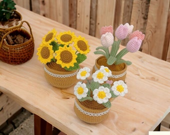 Crochet potted flowers,Tulip crochet flowers,Crochet sunflowers,Rose crochet plants,Crochet flowers decor,Knitted sunflower,Houseplant decor