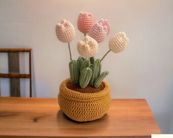 Crochet tulip pots,Tulip crochet flowers,Wool crochet flowers,Artificial flowers,Crochet flowers decor,Crochet potted flowers,Knitted flower