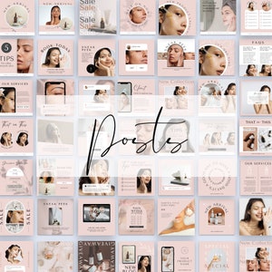 May include: A collection of social media post templates for a beauty or skincare brand. The templates feature a pink and white colour scheme with images of women's faces and product bottles. The text on the templates includes phrases like "New Arrival", "Sneak Peek", "Giveaway", and "Tips for Silky Smooth Skin".