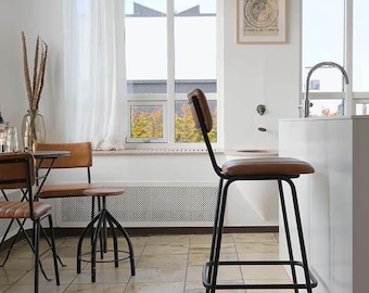 Elegante taburete de bar tapizado en piel auténtica | Silla alta de bar industrial con respaldo | Diseño vintage para cocina y bar