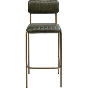 May include: A tall bar stool with a dark olive green seat and backrest. The seat and backrest have a quilted design. The frame is made of a gold-colored metal. The stool has a footrest and a straight back.