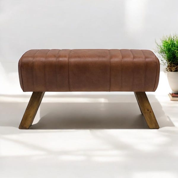 Handgemaakte leren bank in vintage-stijl | Exclusieve leren poef met retro-look – Tijdloos zitcomfort in een turnpaarddesign | Krukbank
