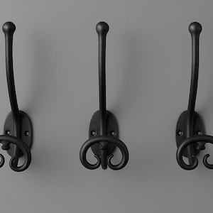 Set of 3 cast iron vintage wall hooks | Small black coat hooks | Simple wall hooks for hallway or kitchen | Hooks for jackets and bags