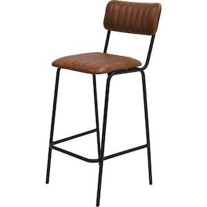 May include: A brown leather bar stool with a black metal frame. The seat and backrest are made of brown leather with a ribbed design. The stool has a footrest and is designed for a counter or bar.