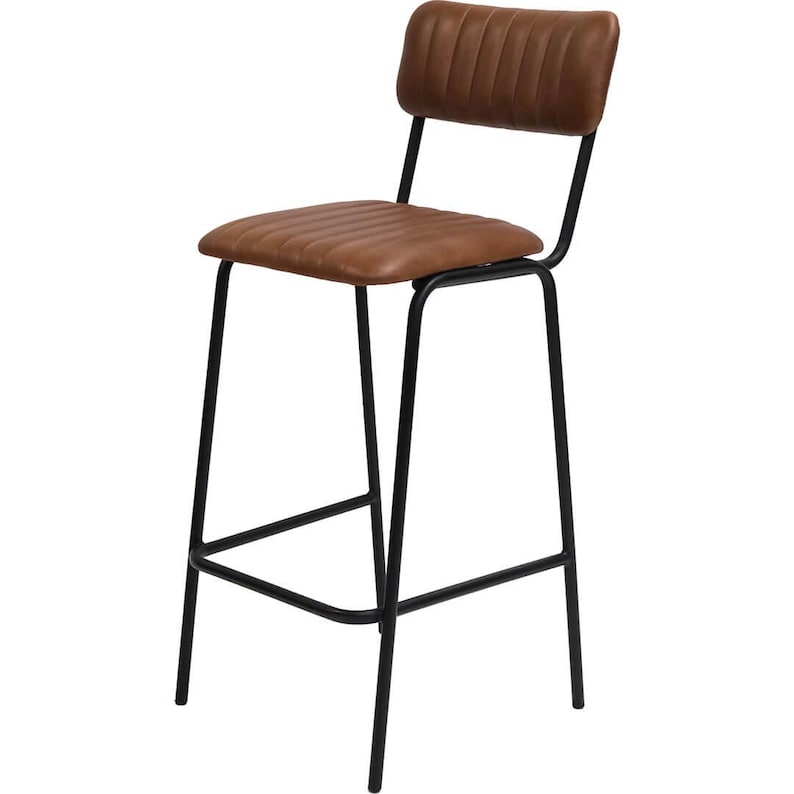 May include: A brown leather bar stool with a black metal frame. The seat and backrest are made of brown leather with a ribbed design. The stool has a footrest and is designed for a counter or bar.
