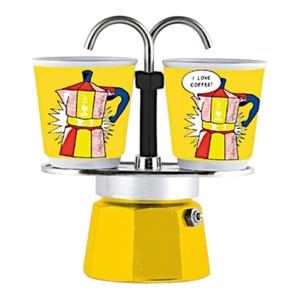 Bialetti Mini Express 2 cups with 2 mugs – Espresso maker with aluminum overflow pipes – 4 different design editions