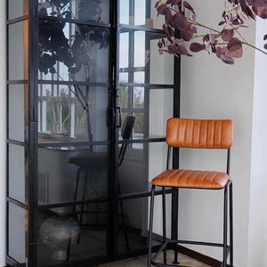 May include: A black metal framed display cabinet with glass panels, and a brown leather and black metal bar stool. The cabinet has a dark interior with a vase and a stool visible inside. Purple foliage is in the background.