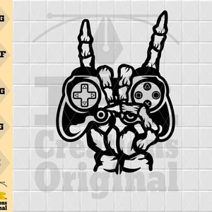 May include: Black and white illustration of a skeleton hand making the rock and roll hand gesture while holding a video game controller.