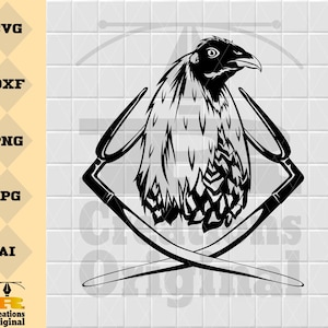 Puede incluir: Ilustración digital en blanco y negro de un pájaro con cabeza emplumada y un par de tijeras cruzadas.