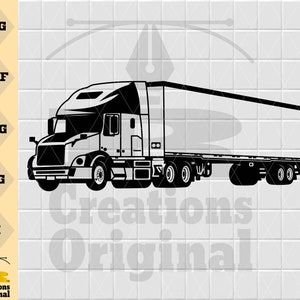 Könnte beinhalten: Schwarz-weiße Vektorillustration eines Sattelzugs mit Anhänger. Das detaillierte Design zeigt die Fahrerkabine, Räder und Anhänger. Der Text "SVG", "DXF", "PNG", "JPG" und "AI" ist links zu sehen, sowie "Creations Original" am unteren Rand.