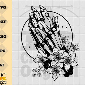 May include: Black and white illustration of a skeletal hand in a praying position with flowers surrounding it.