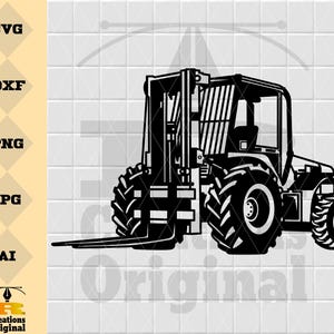 Könnte beinhalten: Schwarze und weiße Silhouette eines Gabelstaplers mit angehobener Gabel. Der Gabelstapler hat ein großes Vorderrad und ein kleineres Hinterrad. Der Gabelstapler ist zur rechten Seite des Bildes ausgerichtet.