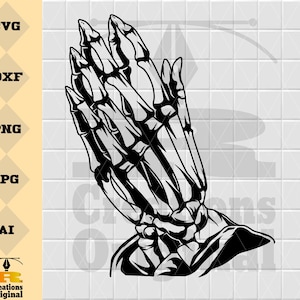 May include: Black and white illustration of a skeletal hand in a praying position.