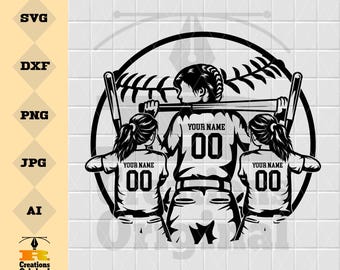 Drei Softball-Kinder-Player-Svg | Personalisierter Name | Softball Mädchen geschnitten Datei | Softball | Softball Spieler Clipart | Softball Cutdatei | Png Dxf