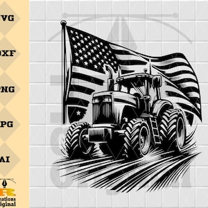 May include: Black and white illustration of a tractor with the American flag waving in the background. The image includes the text "SVG, DXF, PNG, JPG, AI" and the logo "Creations Original".