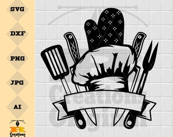 May include: Black and white silhouette of a chef's hat, oven mitt, spatula, and knives with a banner that says "Creations".