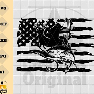 May include: Black and white silhouette of a deer, a person with a bow and arrow, and a fish on a hook, all superimposed on a distressed American flag.