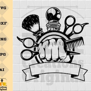 May include: Black and white barber shop design featuring a clenched fist holding barber tools. Includes a shaving brush, scissors, comb, and a barber pole. The design also includes the text "SVG, DXF, PNG, JPG, AI" and a banner.