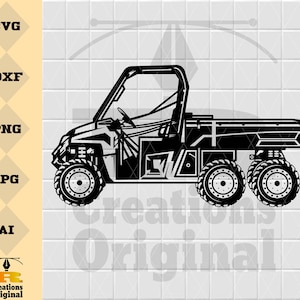 Op de afbeelding: Zwart-witte silhouet van een utility vehicle met een laadbak en zes wielen. Het voertuig heeft een rolkooi en een voorruit.