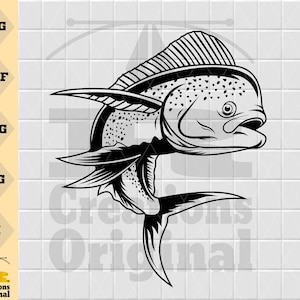 May include: A black and white line drawing of a mahi-mahi fish jumping out of the water. The fish has a detailed, textured body and a large, open mouth.