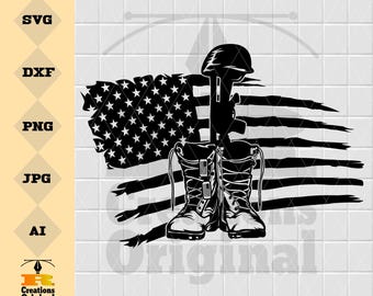Military Boots Dog Tags Fallen Soldier Vet War Hero Art US Veteran
