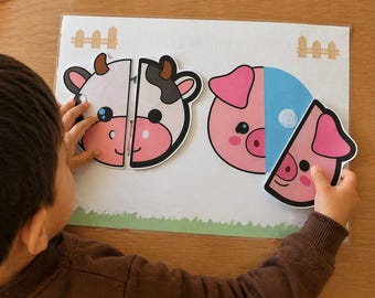 Gioco di abbinamento di animali da fattoria / Attività di puzzle simmetrico / Materiale stampabile per la scuola materna