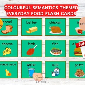 Cartões de memória flash de substantivos alimentares para construção de frases para pré-escola para imprimíveis temáticos de semântica colorida para construção de vocabulário para EYFS