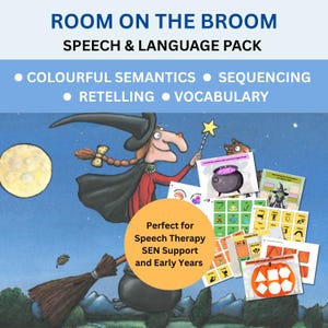 Puede incluir: Un paquete de lenguaje y habla Room on the Broom con una ilustración de una bruja en una escoba. El paquete incluye varias hojas de actividades educativas con gráficos coloridos, incluyendo un caldero, formas y tarjetas de vocabulario.