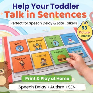 Puede incluir: Tarjetas educativas para niños pequeños para aprender a formar frases, con ilustraciones y preguntas como «¿Quién?» y «¿Dónde?». Incluye 53 tarjetas ilustradas. La imagen también presenta un oso de dibujos animados.